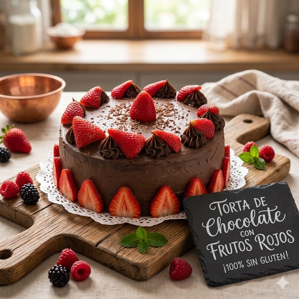 Torta de chocolate decorada con frutillas